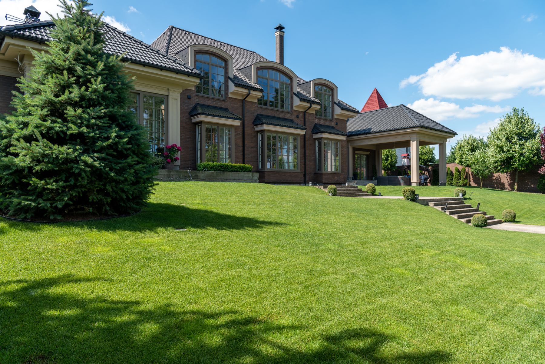 A well-kept lawn in front of a house
